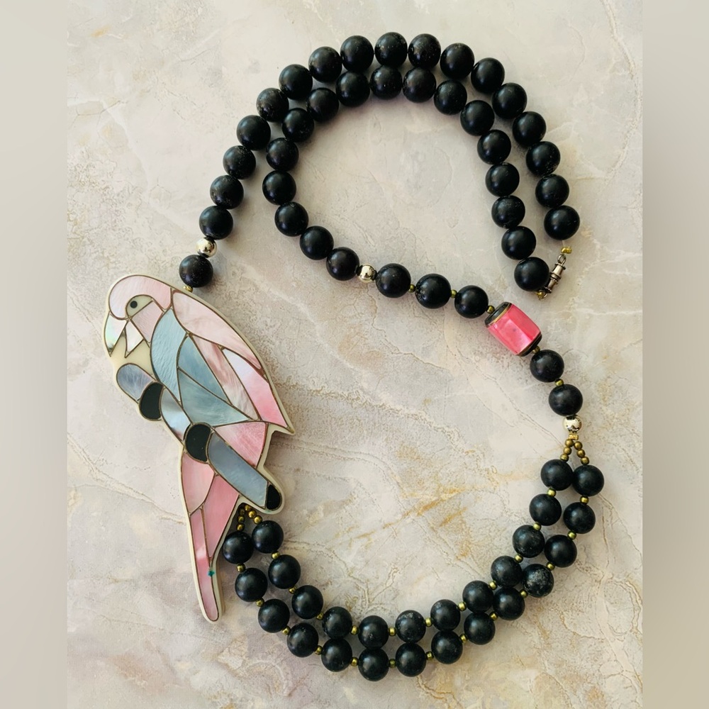 Lee Sands Mother of Pearl Parrot Necklace - Black and Pink